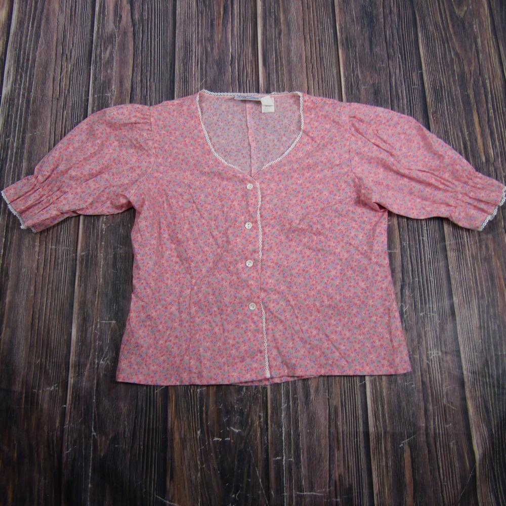 Avon Fashions Blouse Women 13/14 Pink Floral Puff Sleeve Lace Trim Vintage Top